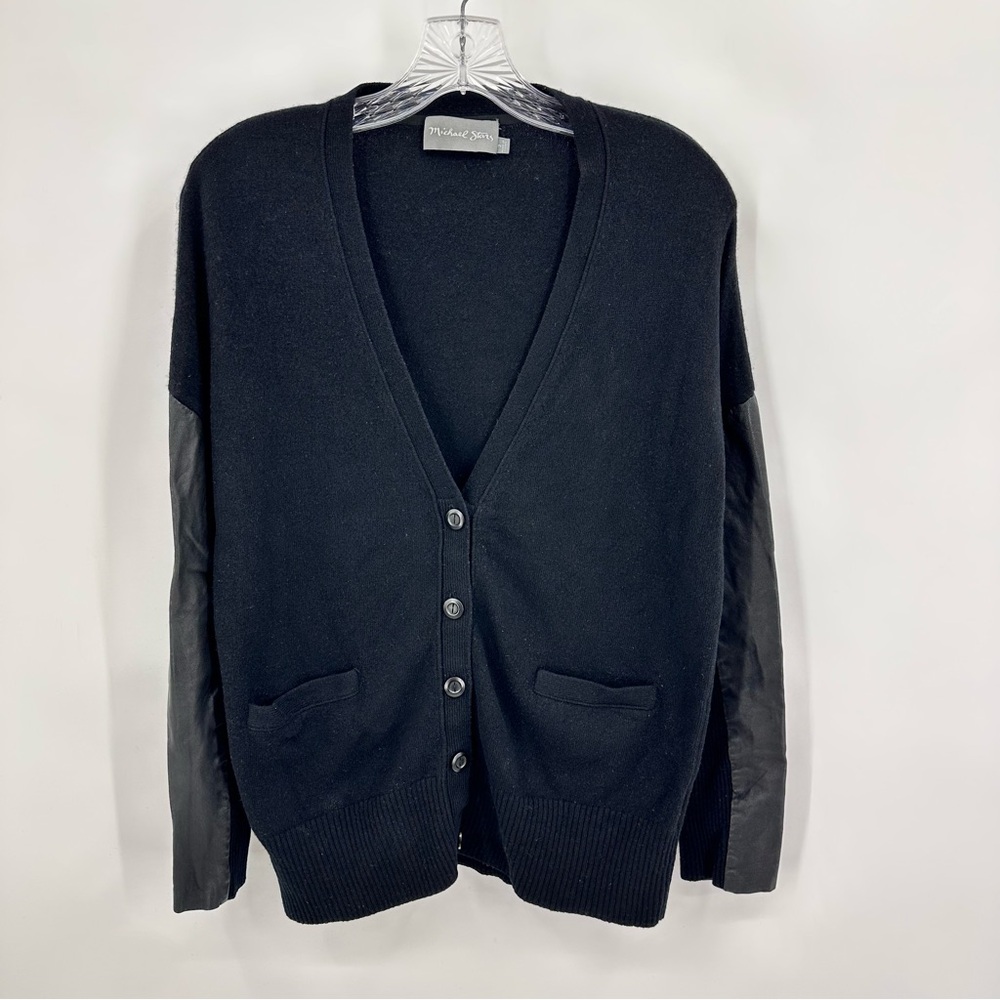 Michael Stars Cardigan Wool Cashmere Blend Genuine Leather Sleeve Black Size XS